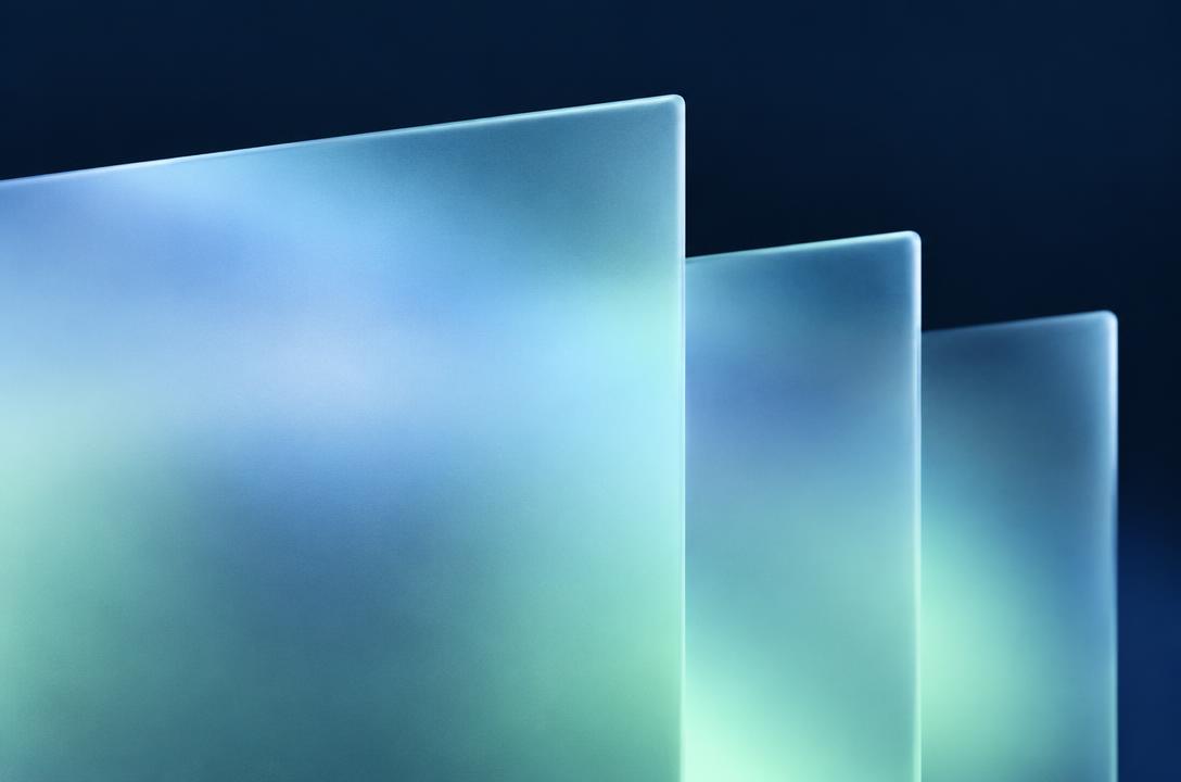 Abstract frosted glass panels in blue and mint light